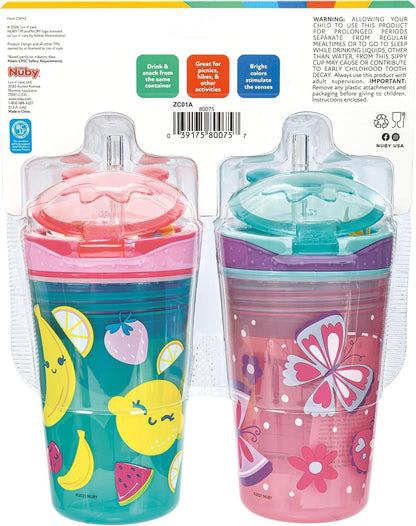 Nuby All in One Snack Bowl and No Spill Soft Straw Cup - 2 Pack Aqua Monsters & Grey Cars - Snack N' Sip, Holds: 4.5 oz Container with Lid and 9 oz/ 270 ml Straw Cup (12 Months +)