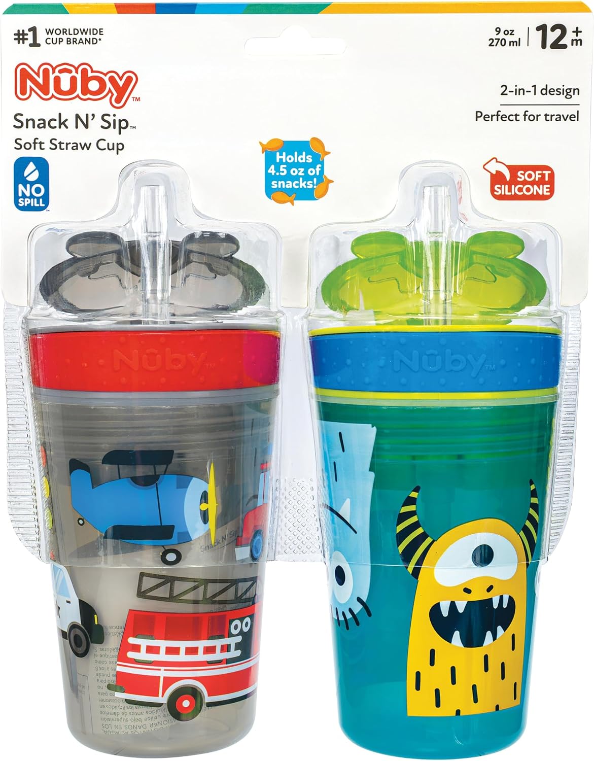 Nuby All in One Snack Bowl and No Spill Soft Straw Cup - 2 Pack Aqua Monsters & Grey Cars - Snack N' Sip, Holds: 4.5 oz Container with Lid and 9 oz/ 270 ml Straw Cup (12 Months +)