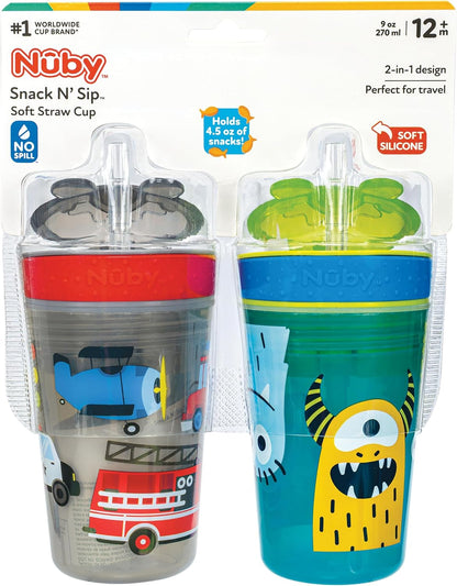 Nuby All in One Snack Bowl and No Spill Soft Straw Cup - 2 Pack Aqua Monsters & Grey Cars - Snack N' Sip, Holds: 4.5 oz Container with Lid and 9 oz/ 270 ml Straw Cup (12 Months +)