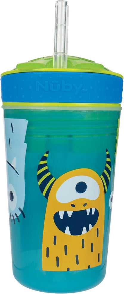 Nuby All in One Snack Bowl and No Spill Soft Straw Cup - 2 Pack Aqua Monsters & Grey Cars - Snack N' Sip, Holds: 4.5 oz Container with Lid and 9 oz/ 270 ml Straw Cup (12 Months +)