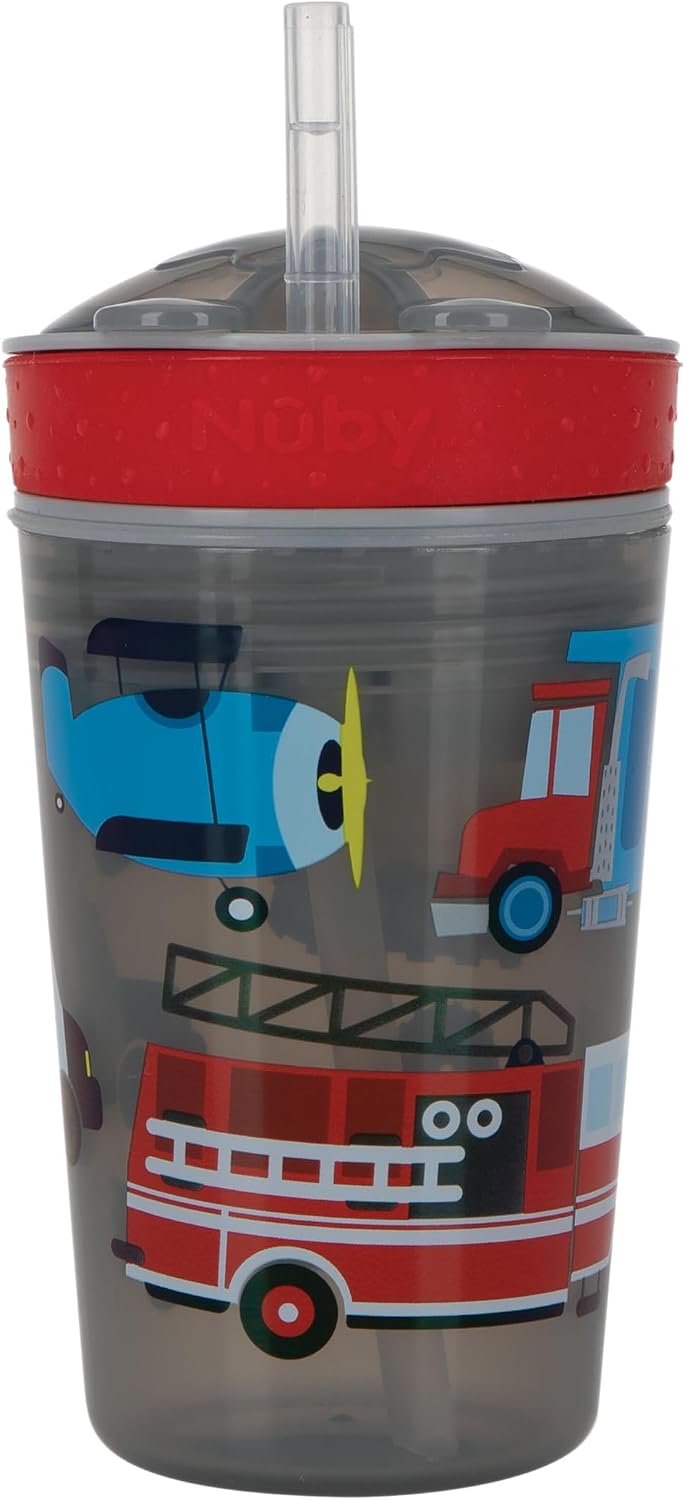 Nuby All in One Snack Bowl and No Spill Soft Straw Cup - 2 Pack Aqua Monsters & Grey Cars - Snack N' Sip, Holds: 4.5 oz Container with Lid and 9 oz/ 270 ml Straw Cup (12 Months +)