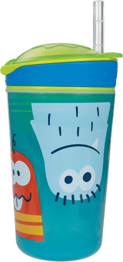 Nuby All in One Snack Bowl and No Spill Soft Straw Cup - 2 Pack Aqua Monsters & Grey Cars - Snack N' Sip, Holds: 4.5 oz Container with Lid and 9 oz/ 270 ml Straw Cup (12 Months +)