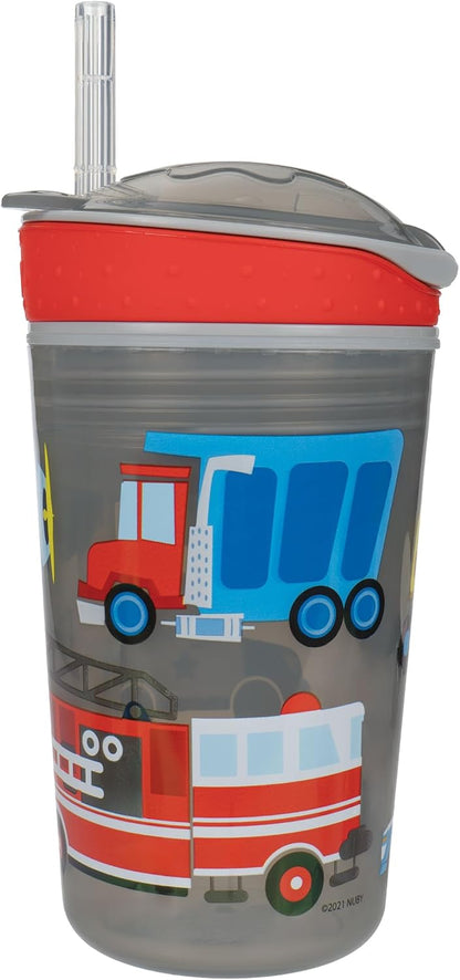 Nuby All in One Snack Bowl and No Spill Soft Straw Cup - 2 Pack Aqua Monsters & Grey Cars - Snack N' Sip, Holds: 4.5 oz Container with Lid and 9 oz/ 270 ml Straw Cup (12 Months +)