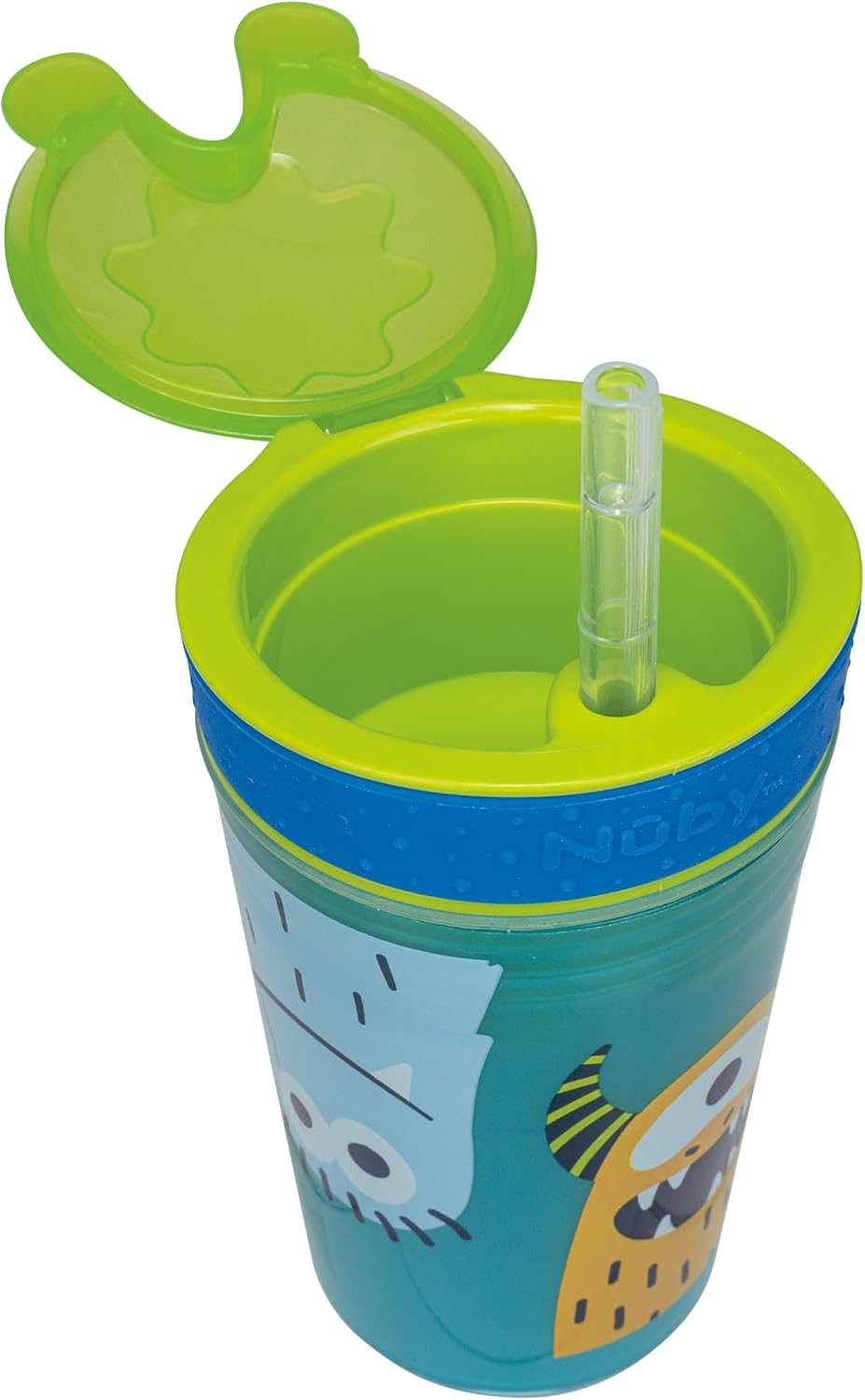 Nuby All in One Snack Bowl and No Spill Soft Straw Cup - 2 Pack Aqua Monsters & Grey Cars - Snack N' Sip, Holds: 4.5 oz Container with Lid and 9 oz/ 270 ml Straw Cup (12 Months +)