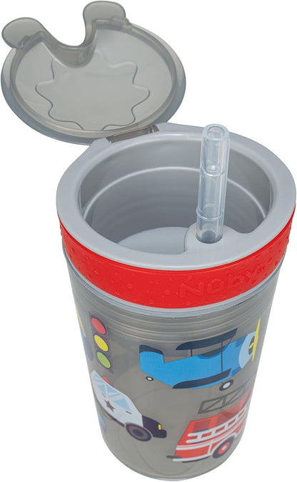 Nuby All in One Snack Bowl and No Spill Soft Straw Cup - 2 Pack Aqua Monsters & Grey Cars - Snack N' Sip, Holds: 4.5 oz Container with Lid and 9 oz/ 270 ml Straw Cup (12 Months +)