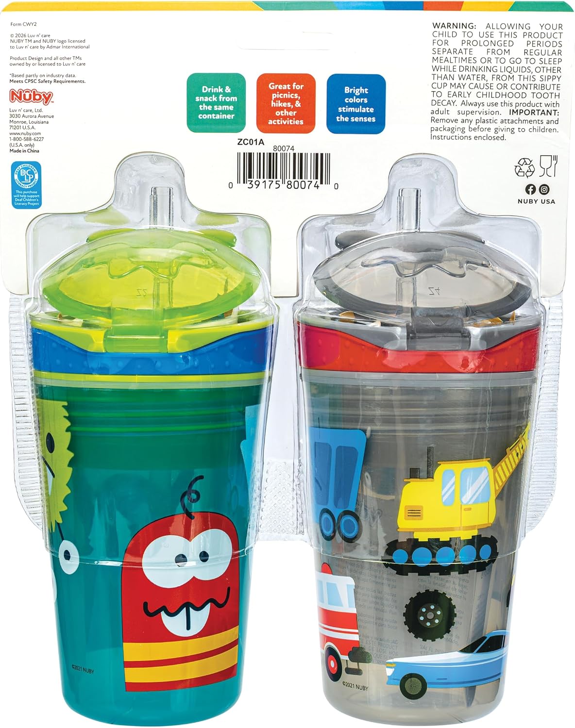 Nuby All in One Snack Bowl and No Spill Soft Straw Cup - 2 Pack Aqua Monsters & Grey Cars - Snack N' Sip, Holds: 4.5 oz Container with Lid and 9 oz/ 270 ml Straw Cup (12 Months +)