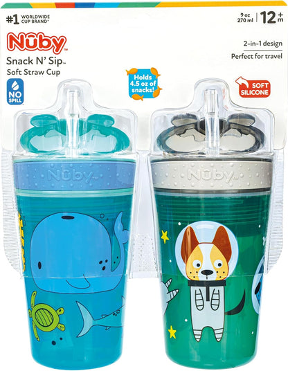 Nuby All in One Snack Bowl and No Spill Soft Straw Cup - 2 Pack Aqua Monsters & Grey Cars - Snack N' Sip, Holds: 4.5 oz Container with Lid and 9 oz/ 270 ml Straw Cup (12 Months +)