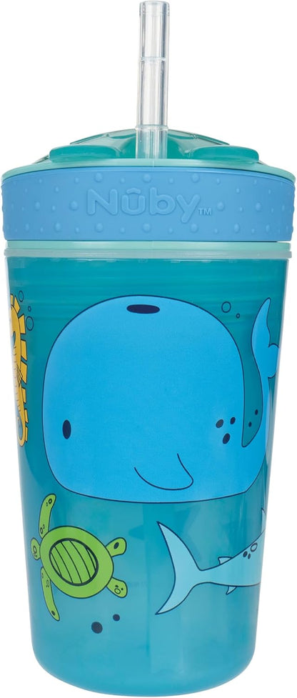 Nuby All in One Snack Bowl and No Spill Soft Straw Cup - 2 Pack Aqua Monsters & Grey Cars - Snack N' Sip, Holds: 4.5 oz Container with Lid and 9 oz/ 270 ml Straw Cup (12 Months +)