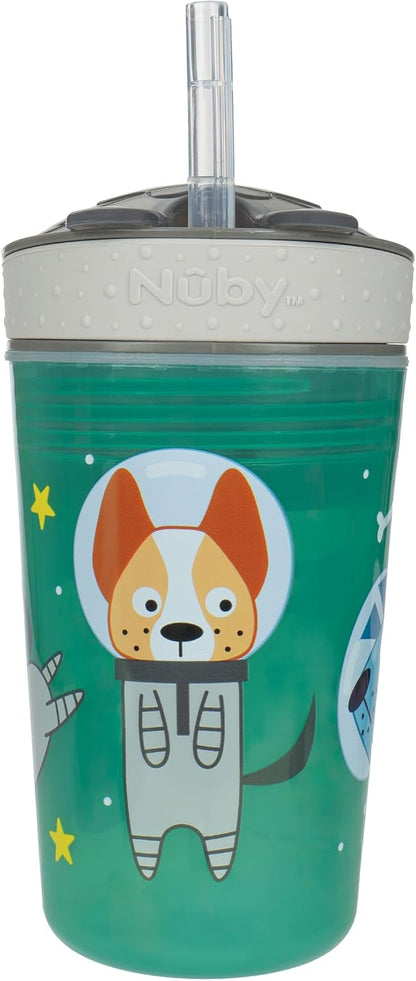 Nuby All in One Snack Bowl and No Spill Soft Straw Cup - 2 Pack Aqua Monsters & Grey Cars - Snack N' Sip, Holds: 4.5 oz Container with Lid and 9 oz/ 270 ml Straw Cup (12 Months +)