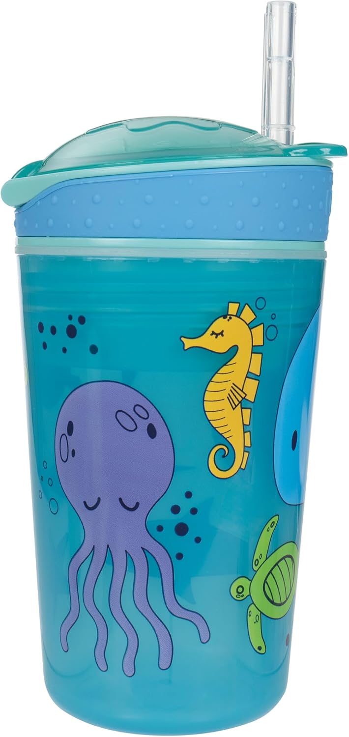 Nuby All in One Snack Bowl and No Spill Soft Straw Cup - 2 Pack Aqua Monsters & Grey Cars - Snack N' Sip, Holds: 4.5 oz Container with Lid and 9 oz/ 270 ml Straw Cup (12 Months +)