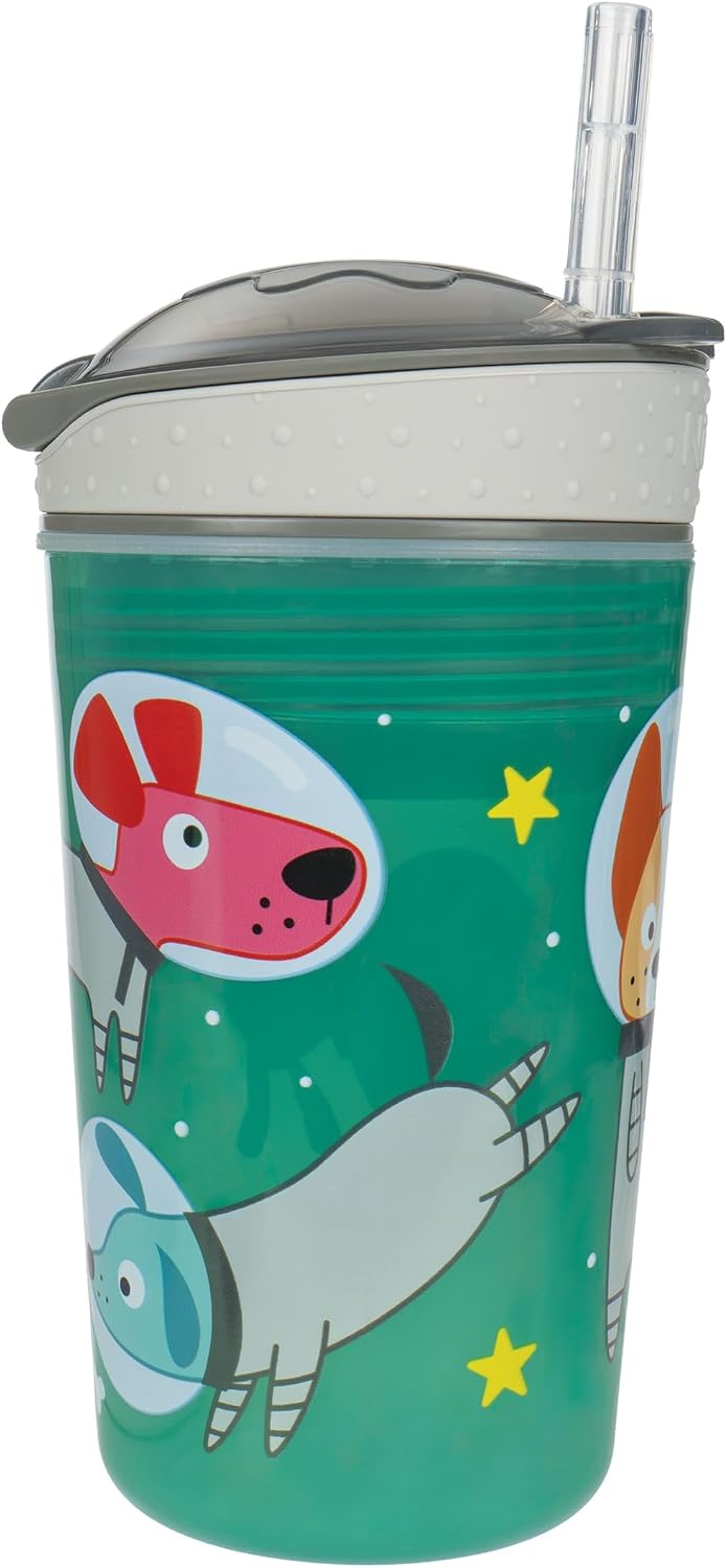 Nuby All in One Snack Bowl and No Spill Soft Straw Cup - 2 Pack Aqua Monsters & Grey Cars - Snack N' Sip, Holds: 4.5 oz Container with Lid and 9 oz/ 270 ml Straw Cup (12 Months +)