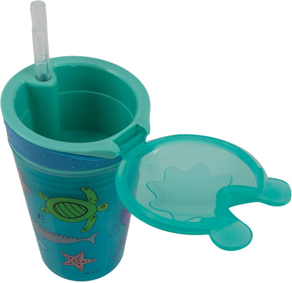 Nuby All in One Snack Bowl and No Spill Soft Straw Cup - 2 Pack Aqua Monsters & Grey Cars - Snack N' Sip, Holds: 4.5 oz Container with Lid and 9 oz/ 270 ml Straw Cup (12 Months +)