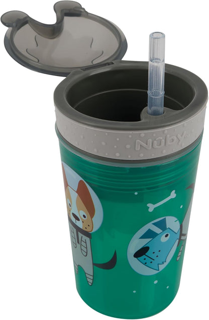 Nuby All in One Snack Bowl and No Spill Soft Straw Cup - 2 Pack Aqua Monsters & Grey Cars - Snack N' Sip, Holds: 4.5 oz Container with Lid and 9 oz/ 270 ml Straw Cup (12 Months +)