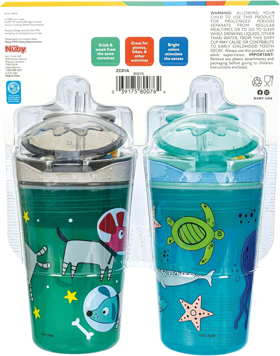Nuby All in One Snack Bowl and No Spill Soft Straw Cup - 2 Pack Aqua Monsters & Grey Cars - Snack N' Sip, Holds: 4.5 oz Container with Lid and 9 oz/ 270 ml Straw Cup (12 Months +)