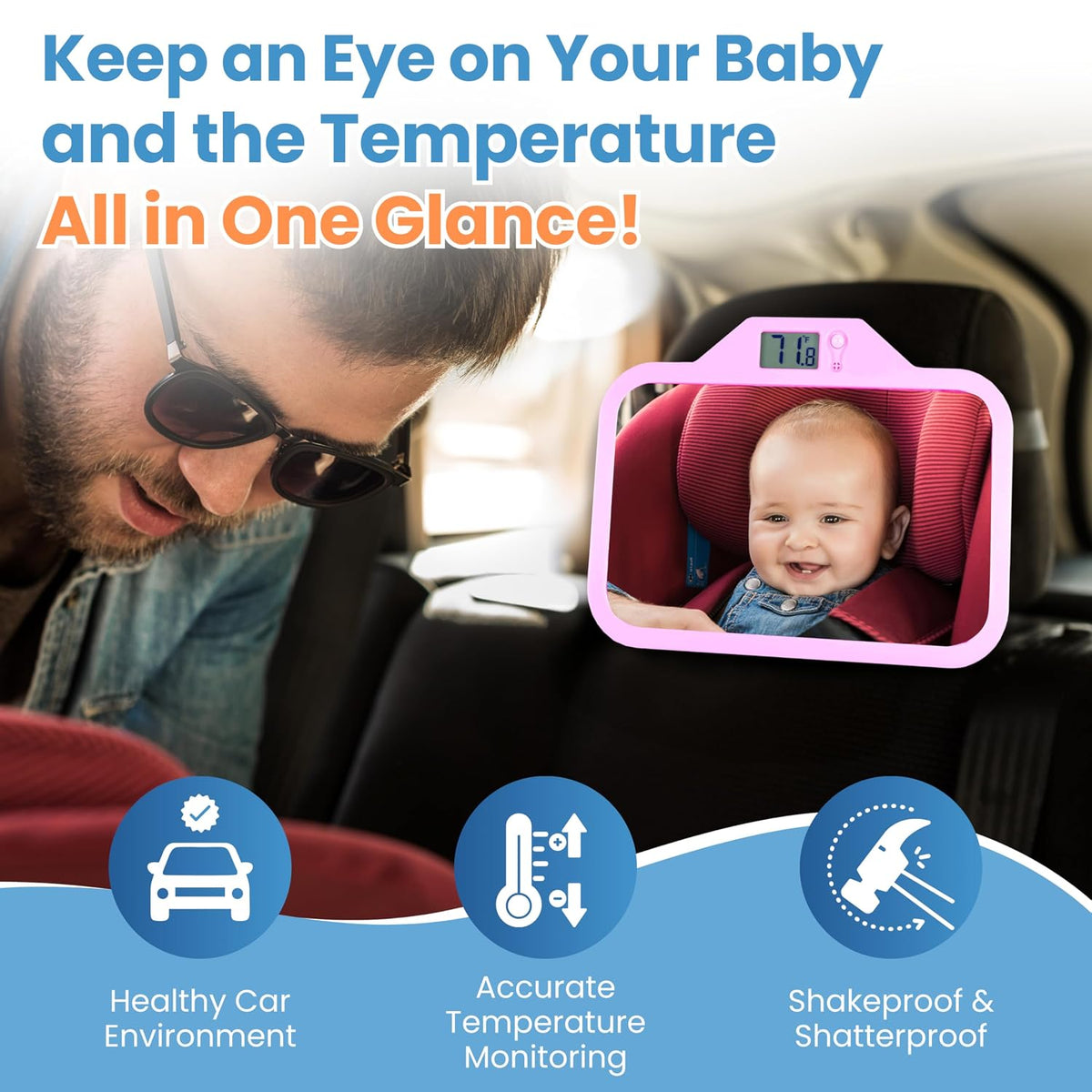 Baby Car Mirror with Temperature Display for Rear-Facing Car Seats