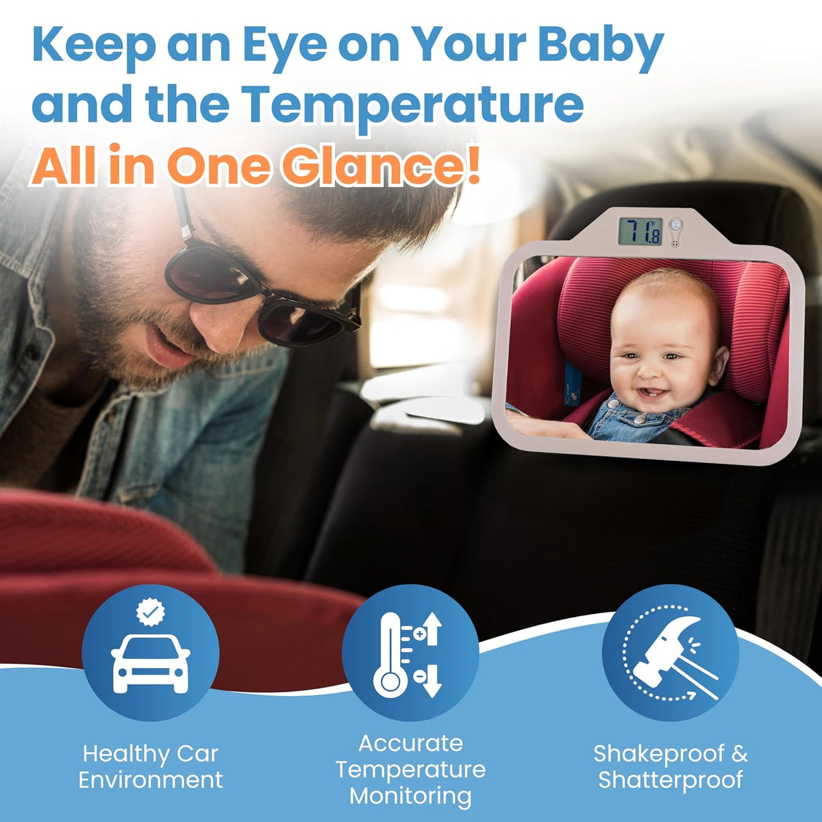 Baby Car Mirror with Temperature Display for Rear-Facing Car Seats