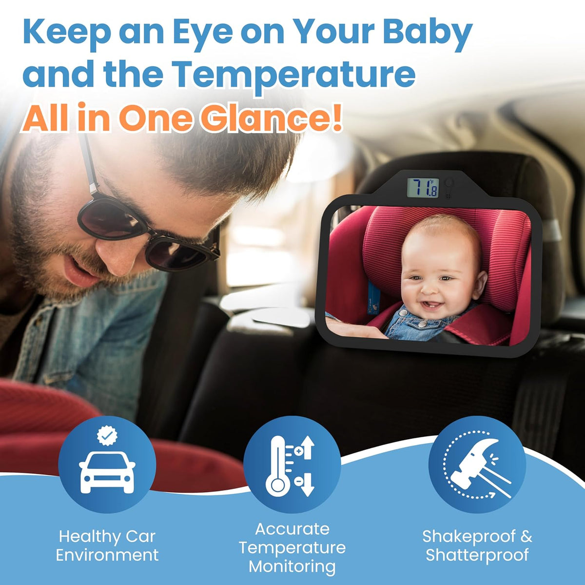 Baby Car Mirror with Temperature Display for Rear-Facing Car Seats