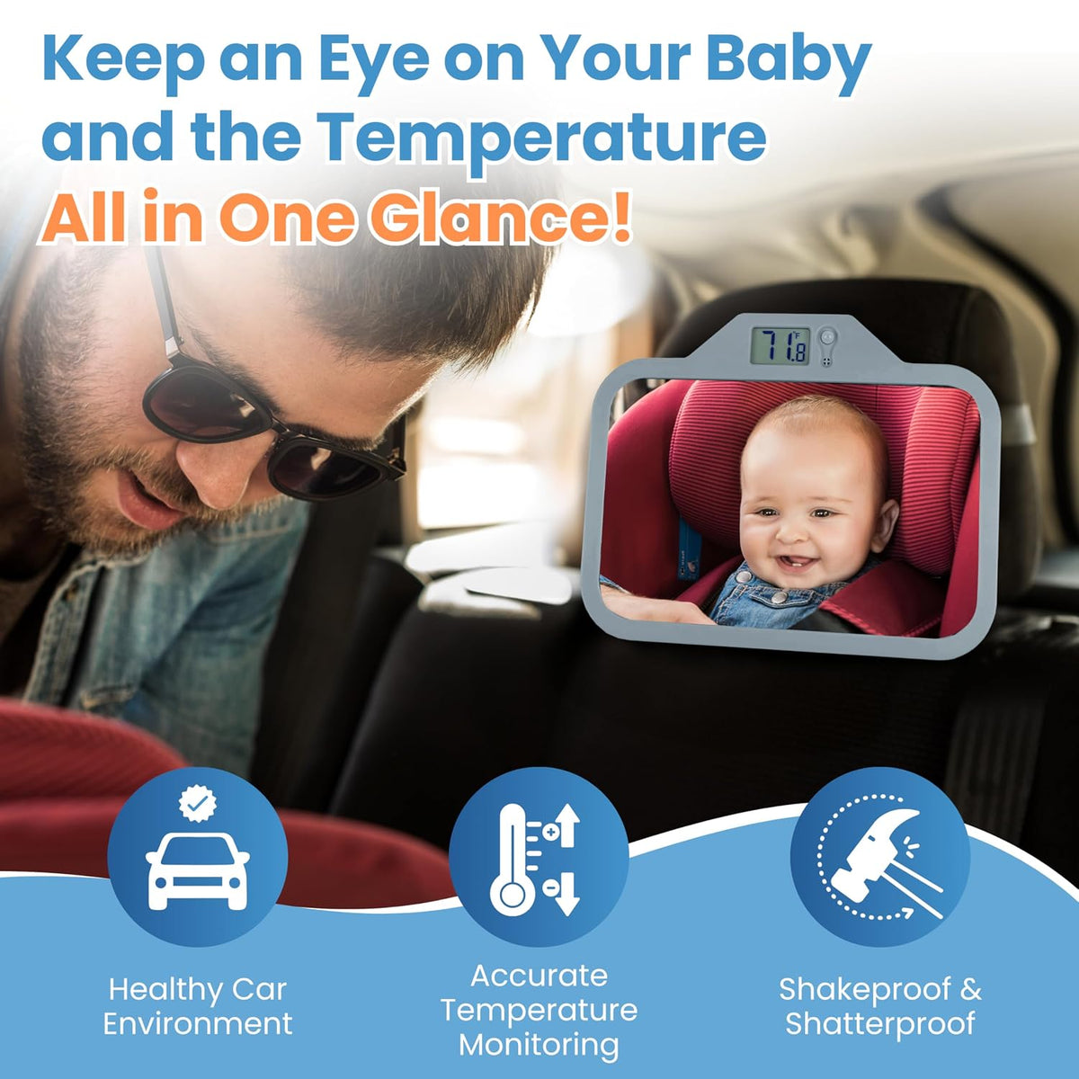 Baby Car Mirror with Temperature Display for Rear-Facing Car Seats