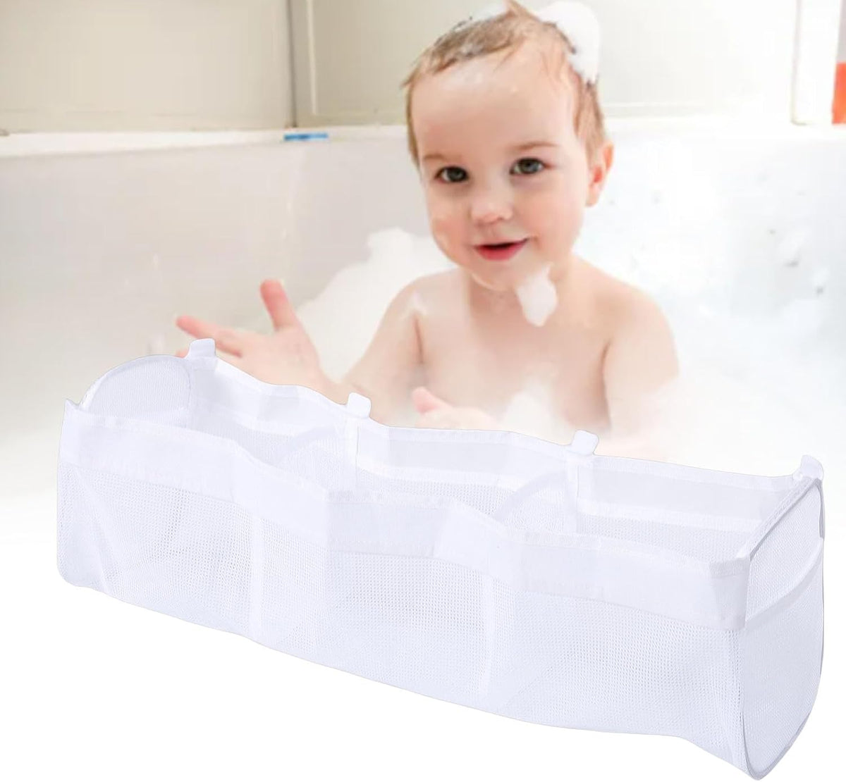 Extra Large Bath Toy Organizer, Polyester Mesh Storage Holder with 3 Compartments for Quick Drying and Easy Water Drainage in Kids Bathroom (White Three Grid)