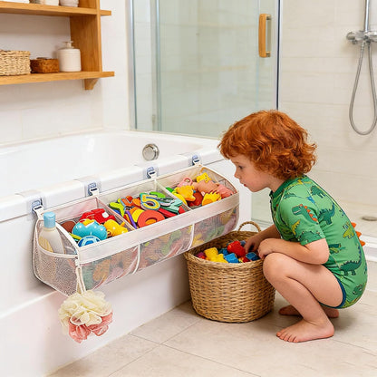 Extra Large Bath Toy Organizer, Polyester Mesh Storage Holder with 3 Compartments for Quick Drying and Easy Water Drainage in Kids Bathroom (White Three Grid)