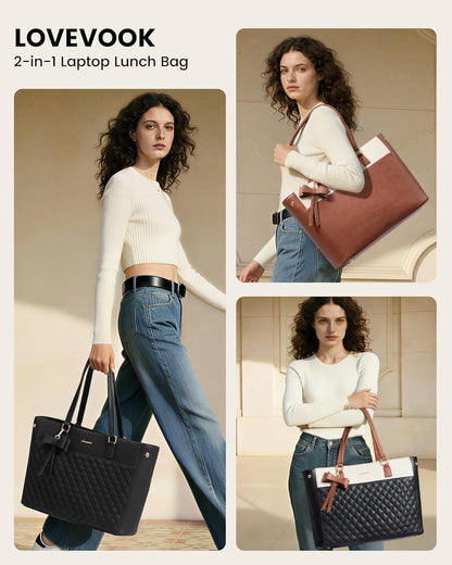 Work Tote Bag with Lunch Compartment, 3 in 1 Laptop Tote Bag for Women with Giant Tumbler Holder for Teacher, Nurse, Travel, Office, Daily