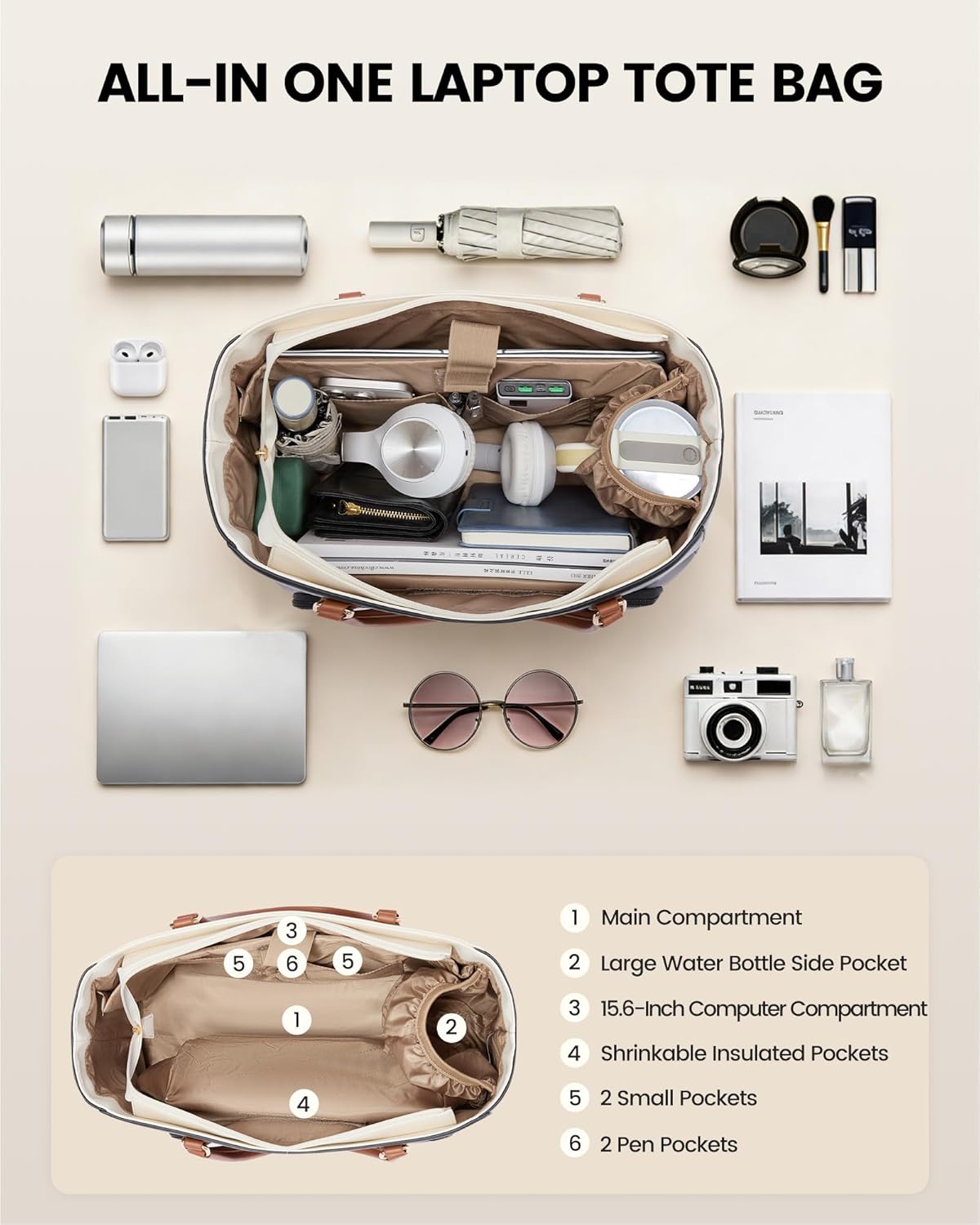 Work Tote Bag with Lunch Compartment, 3 in 1 Laptop Tote Bag for Women with Giant Tumbler Holder for Teacher, Nurse, Travel, Office, Daily