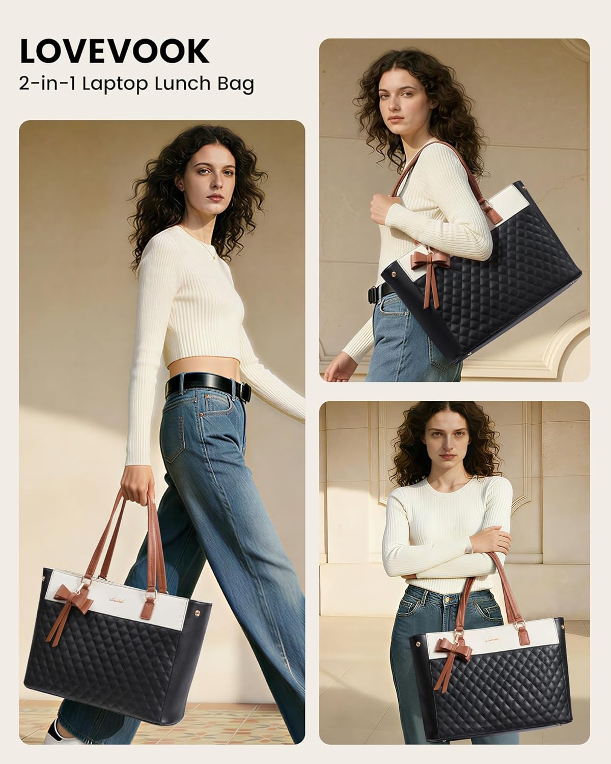 Work Tote Bag with Lunch Compartment, 3 in 1 Laptop Tote Bag for Women with Giant Tumbler Holder for Teacher, Nurse, Travel, Office, Daily