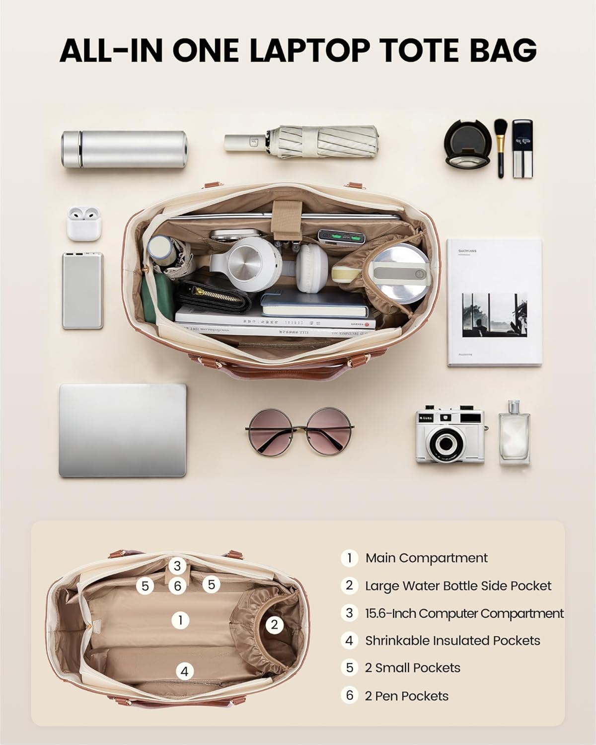 Work Tote Bag with Lunch Compartment, 3 in 1 Laptop Tote Bag for Women with Giant Tumbler Holder for Teacher, Nurse, Travel, Office, Daily