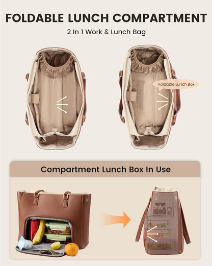 Work Tote Bag with Lunch Compartment, 3 in 1 Laptop Tote Bag for Women with Giant Tumbler Holder for Teacher, Nurse, Travel, Office, Daily