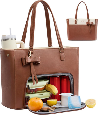Work Tote Bag with Lunch Compartment, 3 in 1 Laptop Tote Bag for Women with Giant Tumbler Holder for Teacher, Nurse, Travel, Office, Daily