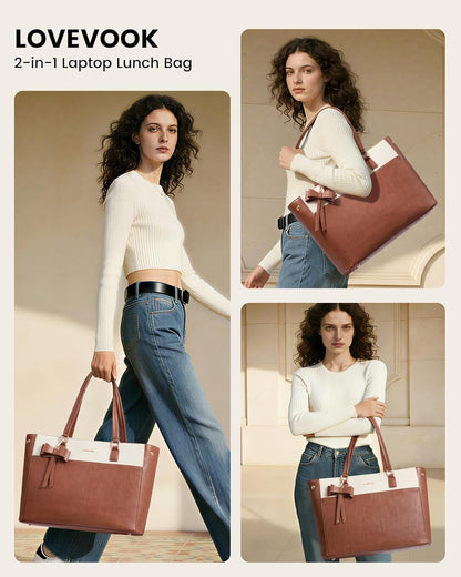 Work Tote Bag with Lunch Compartment, 3 in 1 Laptop Tote Bag for Women with Giant Tumbler Holder for Teacher, Nurse, Travel, Office, Daily