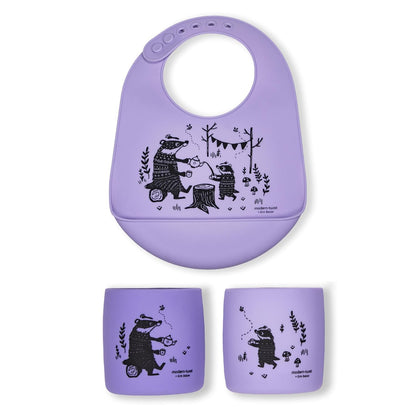 Bundle Bucket-Bib and matching Sipping Cup 100% Food-Grade Silicone, Waterproof and Reusable – Badger Family Lavender