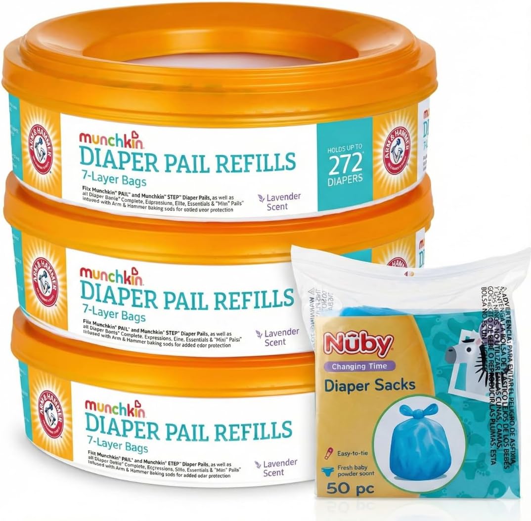 3 A&H Diaper Pail Refill Rings, (7-Layer Bags, Each Holds Up to 272 Diapers) + Nuby Diaper Sacks, 50-Count | Lavender Scent Refills + Easy-Tie Disposable Bags Bundle