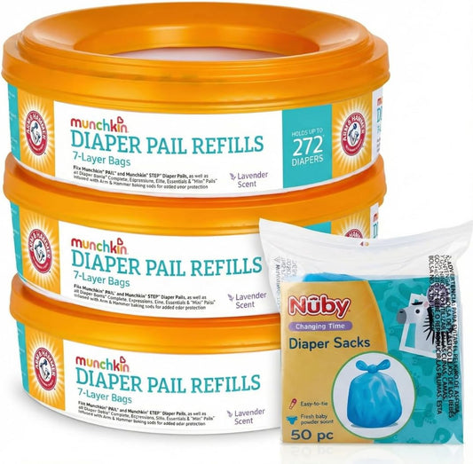 3 A&H Diaper Pail Refill Rings, (7-Layer Bags, Each Holds Up to 272 Diapers) + Nuby Diaper Sacks, 50-Count | Lavender Scent Refills + Easy-Tie Disposable Bags Bundle