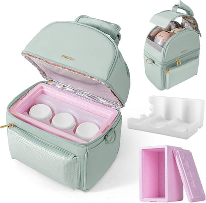 Breast Milk Cooler Bag with Detachable Insulation Box, Double-Layer Pumping Travel Bag for Work & Daycare, Fits Bottles, Ice Packs and Pump Parts,Green