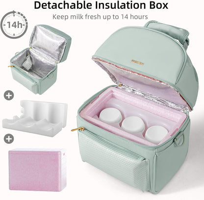 Breast Milk Cooler Bag with Detachable Insulation Box, Double-Layer Pumping Travel Bag for Work & Daycare, Fits Bottles, Ice Packs and Pump Parts,Green