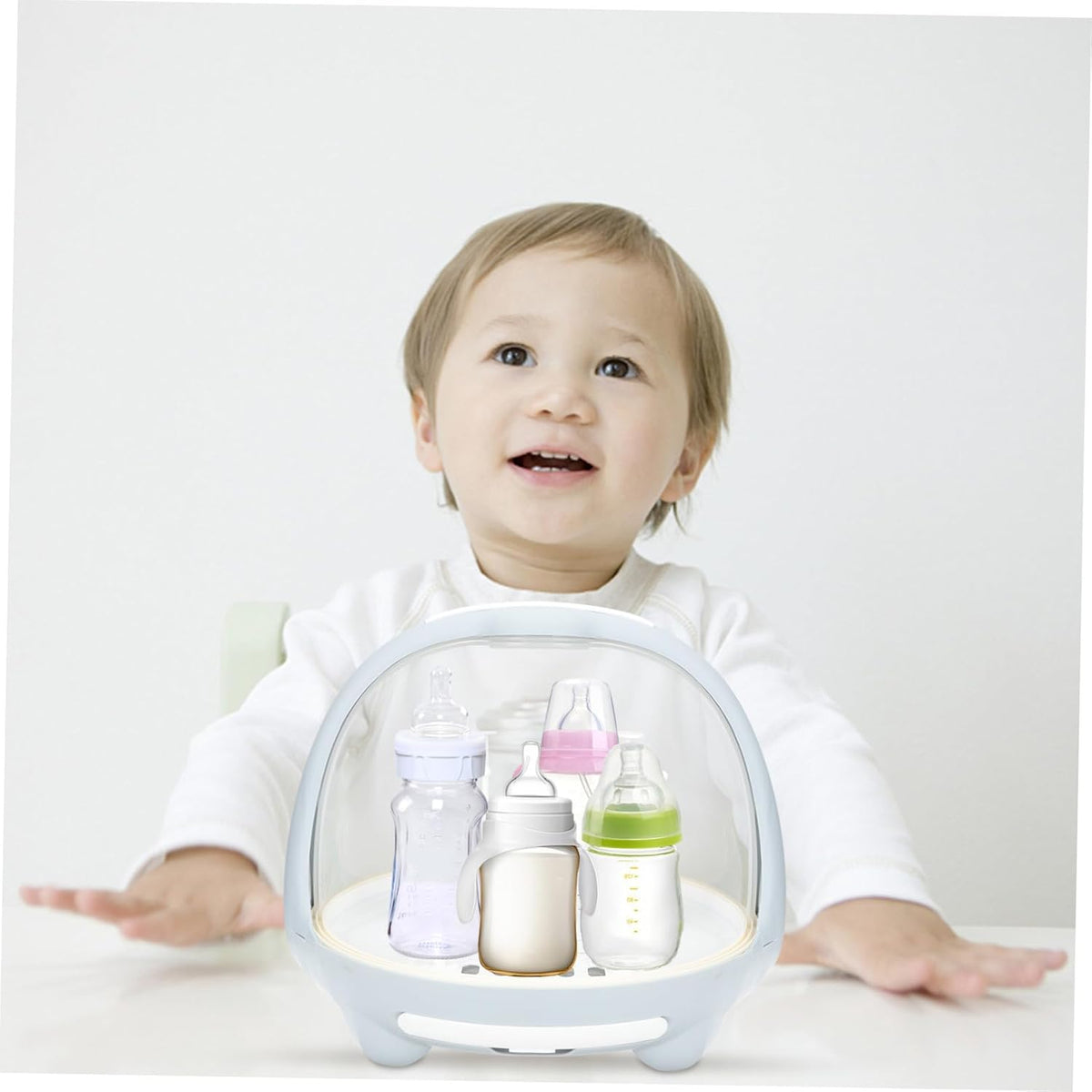Bottle Drying Rack and Feeding Bottle Organizer for, Blue Milk Storage Box with Dustproof Cover and Drainage Design, Portable for Nursery and Travel