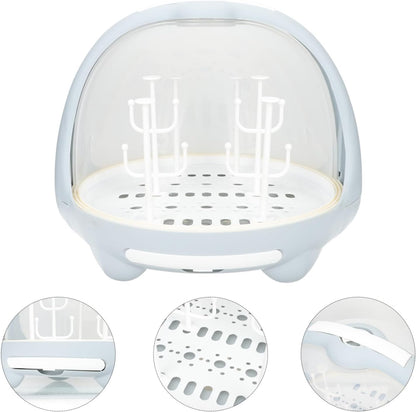 Bottle Drying Rack and Feeding Bottle Organizer for, Blue Milk Storage Box with Dustproof Cover and Drainage Design, Portable for Nursery and Travel