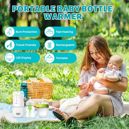 Portable Bottle Warmer for Travel with Fast 4 Heat Settings & Burn Protection, Leak-Proof & Safe Rechargeable Baby Bottle Warmer for Breastmilk, Formula or Water