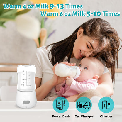 Portable Bottle Warmer for Travel with Fast 4 Heat Settings & Burn Protection, Leak-Proof & Safe Rechargeable Baby Bottle Warmer for Breastmilk, Formula or Water