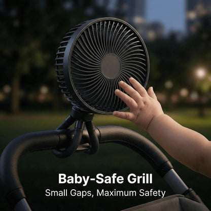 Portable Baby Stroller Mini Fan with Flexible Tripod, Rechargeable 360° Rotating Fan for Car Seat, Crib, Bike, Travel & Outdoor Use, Safe for Babies (Black)