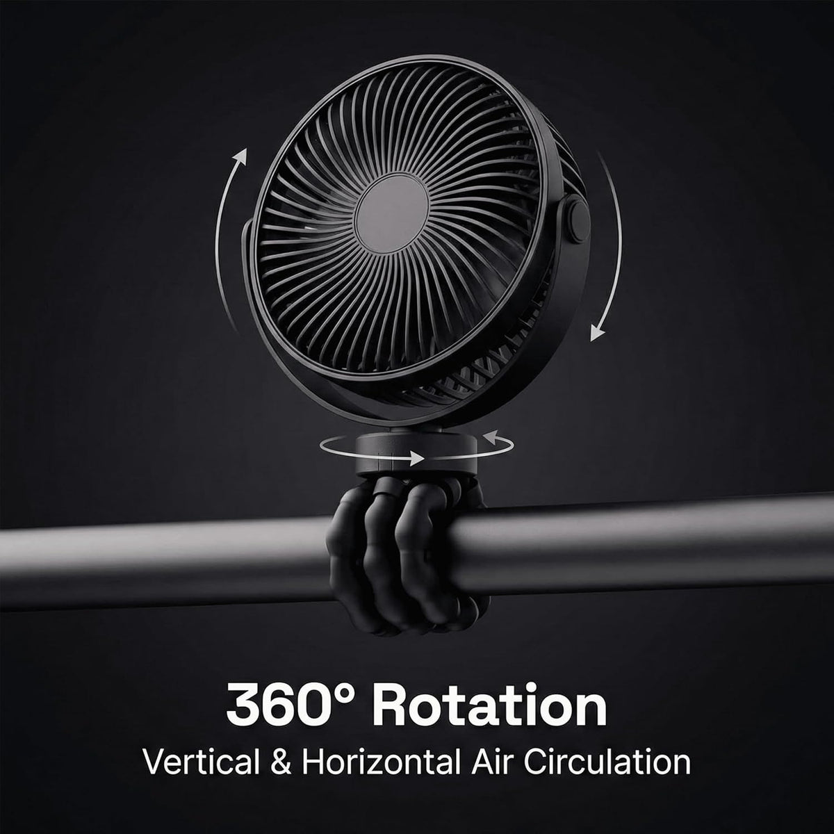 Portable Baby Stroller Mini Fan with Flexible Tripod, Rechargeable 360° Rotating Fan for Car Seat, Crib, Bike, Travel & Outdoor Use, Safe for Babies (Black)