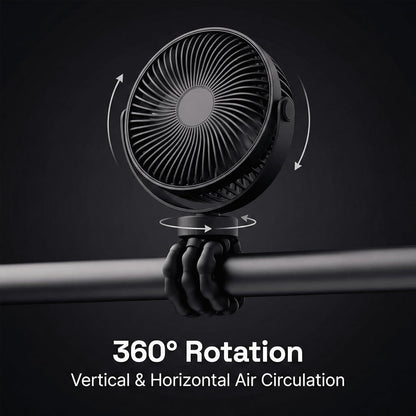 Portable Baby Stroller Mini Fan with Flexible Tripod, Rechargeable 360° Rotating Fan for Car Seat, Crib, Bike, Travel & Outdoor Use, Safe for Babies (Black)