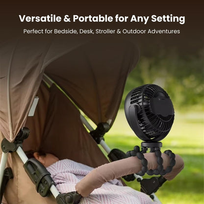Portable Baby Stroller Mini Fan with Flexible Tripod, Rechargeable 360° Rotating Fan for Car Seat, Crib, Bike, Travel & Outdoor Use, Safe for Babies (Black)