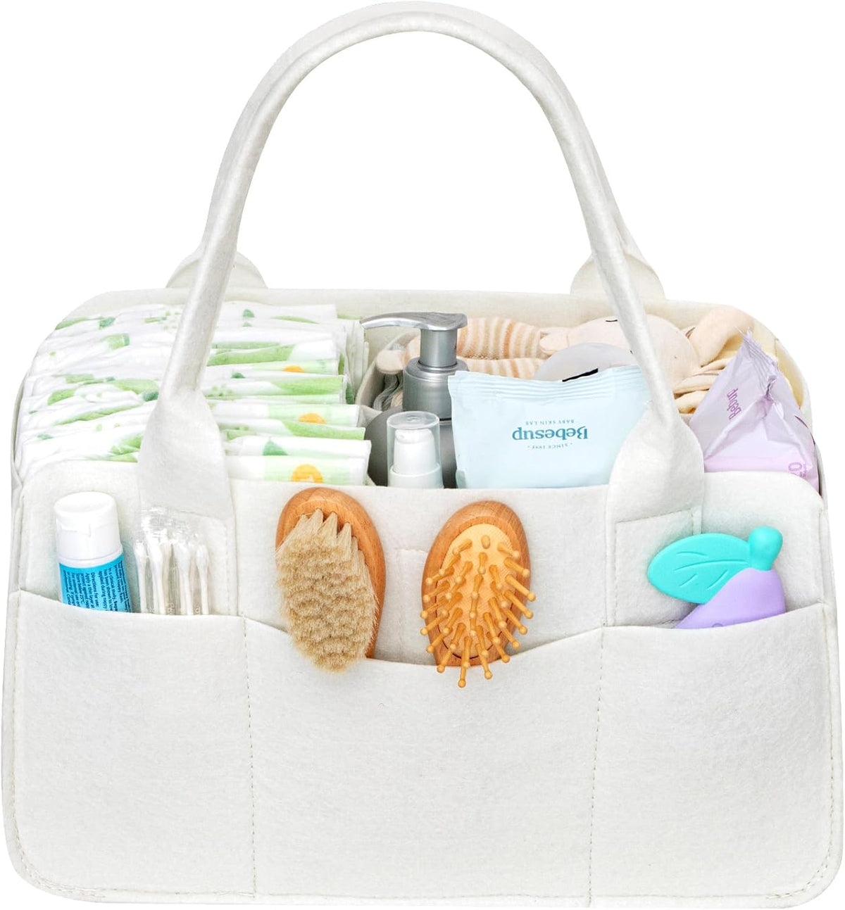 Felt Diaper Caddy Organizer with Handle, Portable Baby Nappy Storage Basket Bag with Detachable Divider, for Nursery, Changing Table, Car, Regular, Beige, 13"×9.1"×7.1"