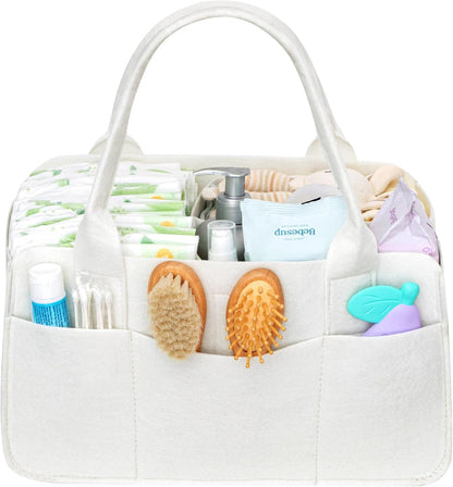 Felt Diaper Caddy Organizer with Handle, Portable Baby Nappy Storage Basket Bag with Detachable Divider, for Nursery, Changing Table, Car, Regular, Beige, 13"×9.1"×7.1"
