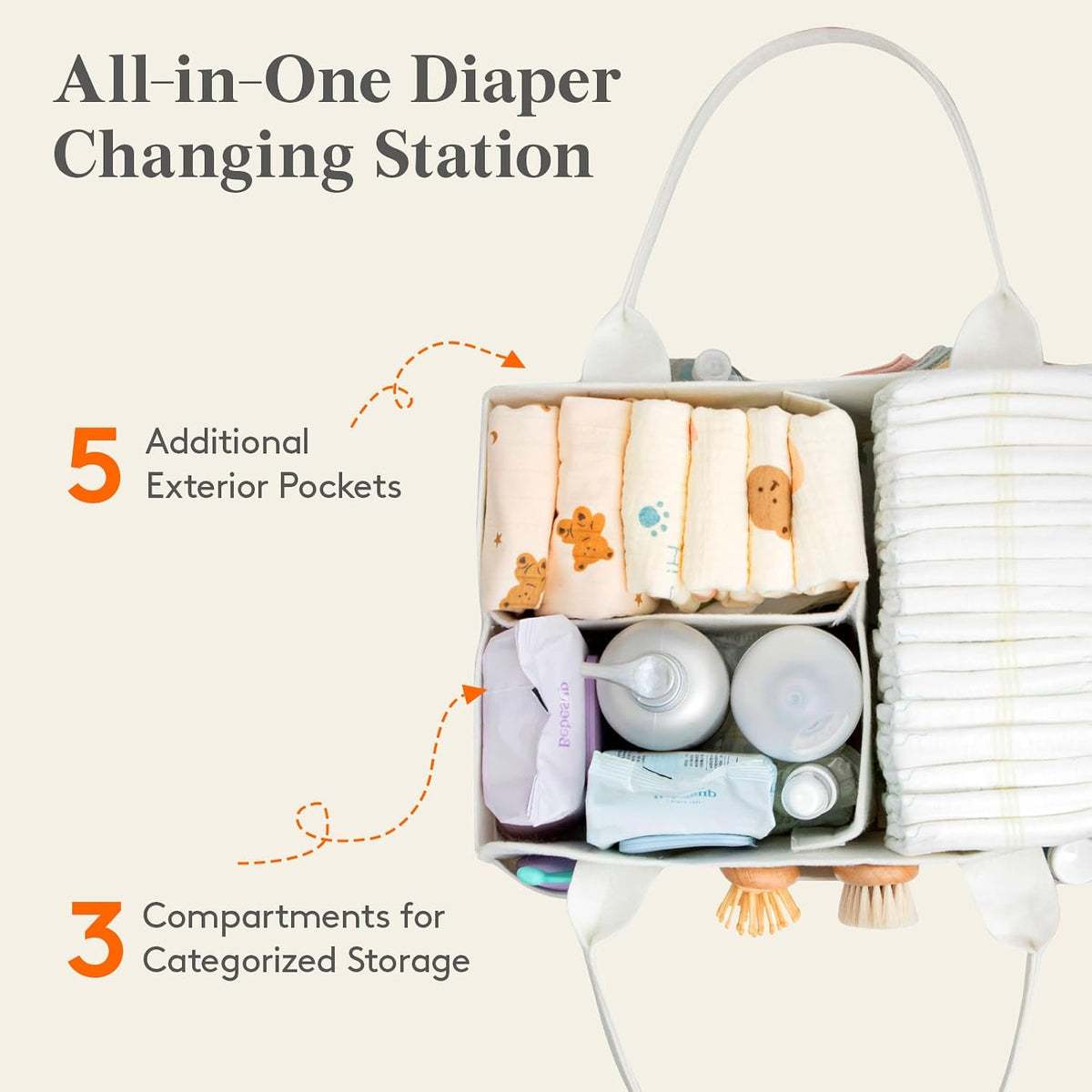 Felt Diaper Caddy Organizer with Handle, Portable Baby Nappy Storage Basket Bag with Detachable Divider, for Nursery, Changing Table, Car, Regular, Beige, 13"×9.1"×7.1"
