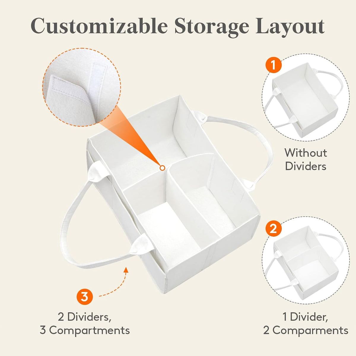 Felt Diaper Caddy Organizer with Handle, Portable Baby Nappy Storage Basket Bag with Detachable Divider, for Nursery, Changing Table, Car, Regular, Beige, 13"×9.1"×7.1"