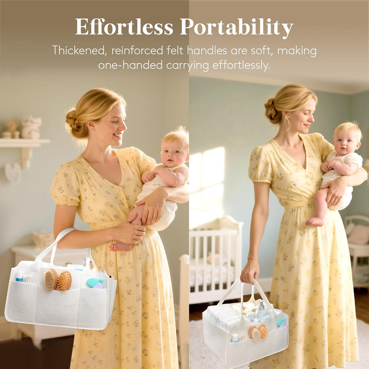 Felt Diaper Caddy Organizer with Handle, Portable Baby Nappy Storage Basket Bag with Detachable Divider, for Nursery, Changing Table, Car, Regular, Beige, 13"×9.1"×7.1"