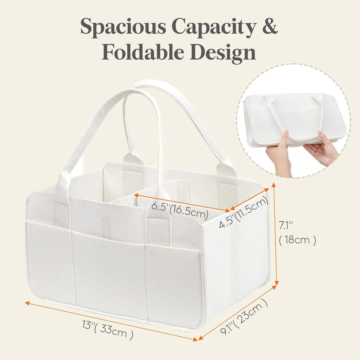 Felt Diaper Caddy Organizer with Handle, Portable Baby Nappy Storage Basket Bag with Detachable Divider, for Nursery, Changing Table, Car, Regular, Beige, 13"×9.1"×7.1"